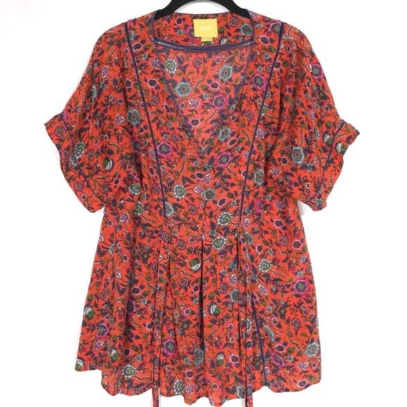 Maeve Anthropologie Maes Floral 100% SILK Top SMALL Kimono Sleeve Tie Back - Picture 3 of 10